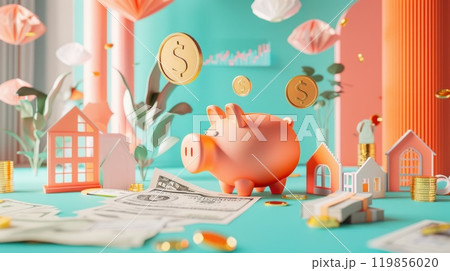 A pink piggy bank with a stack of money and coins on top of it 119856020