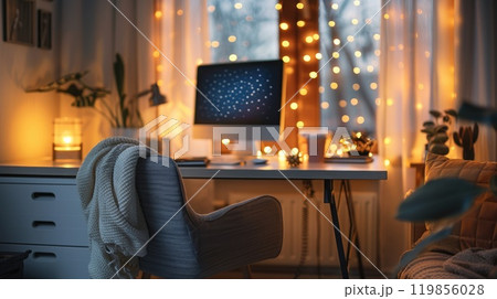 A peaceful home office space featuring a cozy chair and a tidy desk, and bokeh lights adding a touch of warmth 119856028