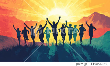 Silhouetted Runners Celebrating Victory at Sunset with Majestic Mountain Range Background, Triumph of Diversity Silhouetted Runners Celebrating Victory at Sunset with Majestic Mountain Range Background, Triumph of Diversity 119856039