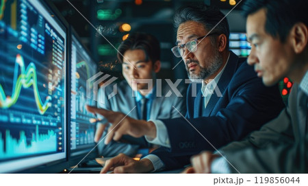 Collaborative business professionals analyzing market data 119856044