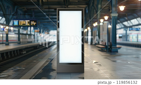 A large white billboard sits in the middle of a train station 119856132