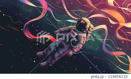 A colorful space scene with a man in a spacesuit flying through it A colorful space scene with a man in a spacesuit flying through it 119856133