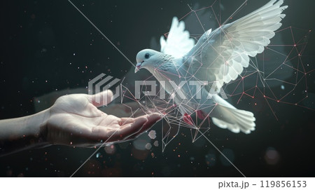 Harmonious Fusion of Nature and Technology, Digital Dove Interacting with Geometric Hand in Minimalistic Setting Harmonious Fusion of Nature and Technology, Digital Dove Interacting with Geometric Hand in Minimalistic Setting 119856153