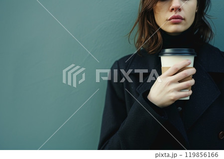 Photo of a business woman with a coffee with Copy space, mockup coffee cup, minimalist 119856166