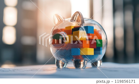 Colorful Transparent Piggy Bank with Building Blocks Colorful Transparent Piggy Bank with Building Blocks 119856171