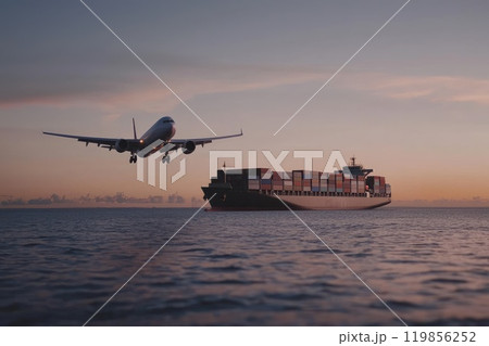 Cargo Plane and Ship at Sunset Over Water Cargo Plane and Ship at Sunset Over Water 119856252