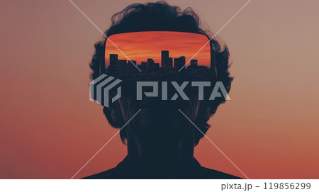 Futuristic Double Exposure of Elderly Woman with Cityscape Futuristic Double Exposure of Elderly Woman with Cityscape 119856299