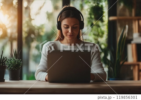 Customer Service Consultant Working at a Laptop 119856301