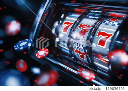 Spinning Slot Machine Reel in Dramatic Close-Up 119856303