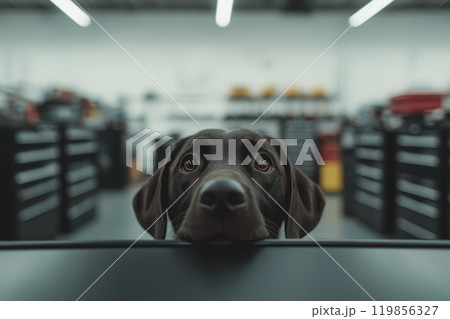 Dog Sitting Comfortably Inside Parked Car Dog Sitting Comfortably Inside Parked Car 119856327