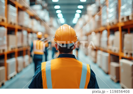 A man in a yellow vest and a hard hat walks through a warehouse 119856408