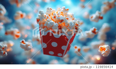 Colorful Cartoon Popcorn in Red and White Box 119856414