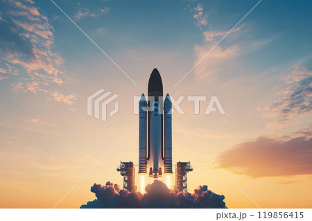 Rocket Poised on Launch Pad at Sunrise 119856415