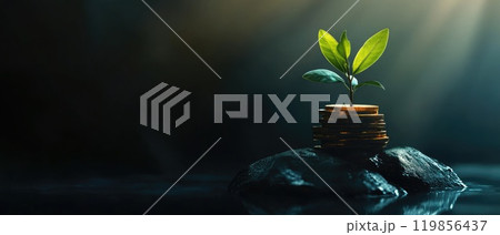 Serene Scene of a Plant Sprouting from a Rock 119856437