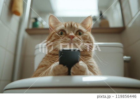 Cat Perched on Toilet Seat with Phone 119856446