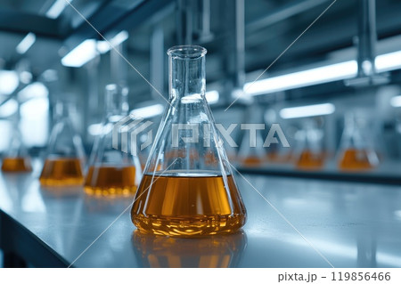 A glass beaker with a yellow liquid in it sits on a table A glass beaker with a yellow liquid in it sits on a table 119856466
