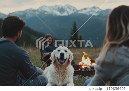 Family Gathered Around Campfire at Dusk with Dog 119856495