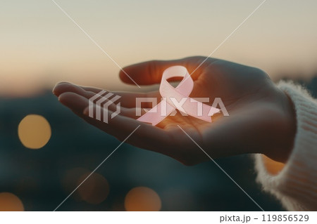 Hand Holding Pink Ribbon Symbol for Awareness 119856529