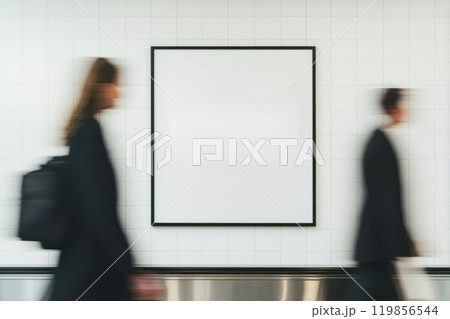 Modern Interior View of a Clean Shopping Mall with Blank Advertising Poster Banner Modern Interior View of a Clean Shopping Mall with Blank Advertising Poster Banner 119856544