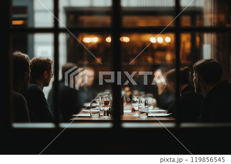 A modern office meeting room with professionals engaged in discussion A modern office meeting room with professionals engaged in discussion 119856545