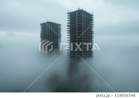 Unfinished Residential Towers Amidst Fog Unfinished Residential Towers Amidst Fog 119856546