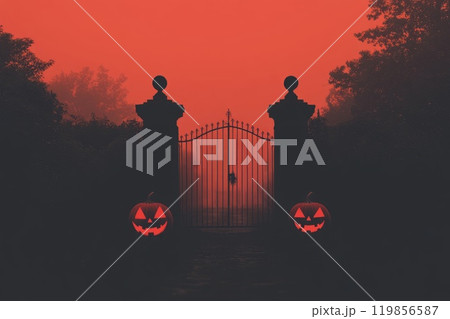 Eerie Cemetery Gate with Halloween Jack o lanterns 119856587
