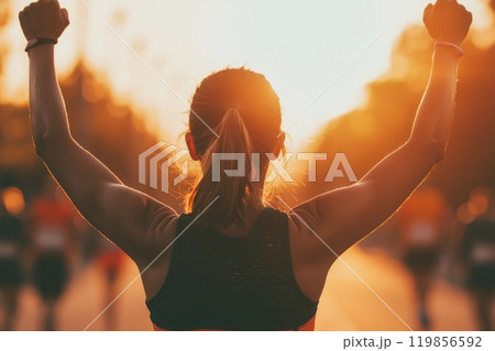Runner Celebrates Victory at Finish Line 119856592