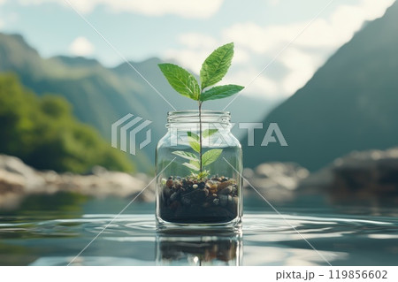 Fresh Growth in Glass Container with Nature Background Fresh Growth in Glass Container with Nature Background 119856602