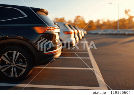 Neatly Parked Cars in Outdoor Parking Lot 119856604