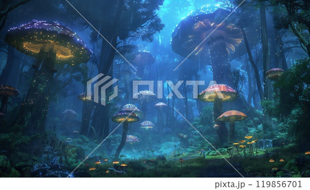 A forest of luminous mushrooms creates a magical ambiance 119856701