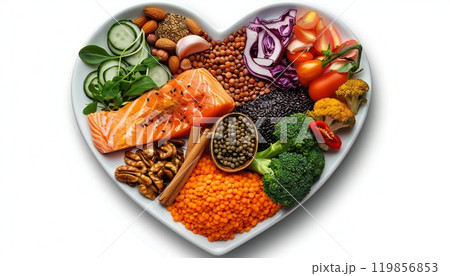 Image of healthy ingredients on a heart-shaped plate 119856853