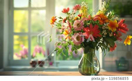 Vase of fresh blooms graces a windowsill 119856855