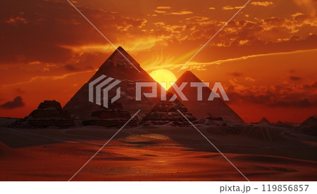 Pyramids of Giza stand tall against a vibrant sunset 119856857