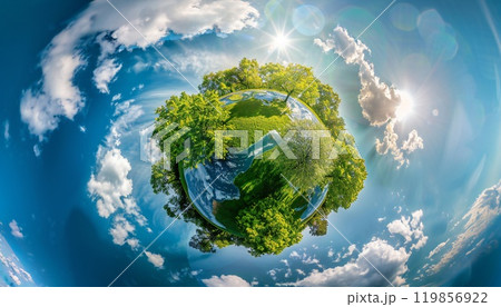 A panoramic view of a tiny, verdant planet featuring fluffy clouds and a serene blue sky 119856922