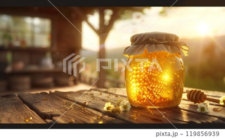 Image of a jar of freshly harvested honey against the background of a rural sunrise 119856939