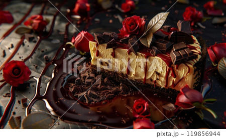 Image of a decadent cheesecake covered in melted chocolate and flowers 119856944