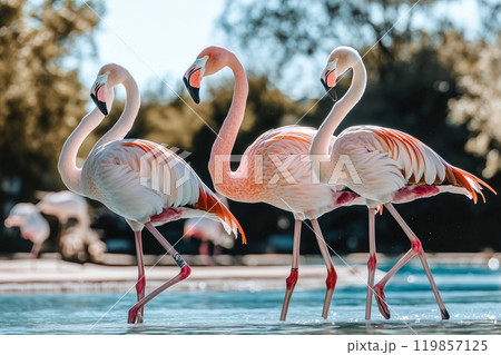 Flamingos Walking by the Blue Lagoon on a Sunny Day Flamingos Walking by the Blue Lagoon on a Sunny Day 119857125