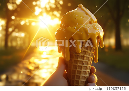 Melting Ice Cream in Waffle Cone at Sunset 119857126