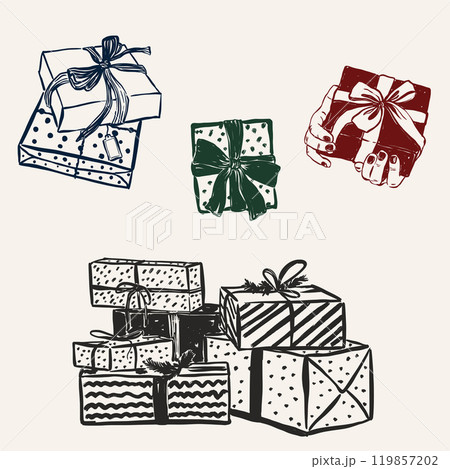 Vector Christmas set of gift-boxes. Hand-drawn vintage compositions isolated on beige background. Illustration for design, print, fabric or background. Vector Christmas set of gift-boxes. Hand-drawn vintage compositions isolated on beige background. Illustration for design, print, fabric or background. 119857202