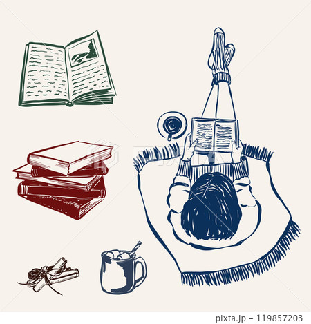 Vector Christmas set of relax woman, books and coffee. Hand-drawn vintage compositions isolated on beige background. Illustration for design, print, fabric or background. 119857203