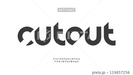 Geometric cutout alphabet, sliced sans serif letters, creative abstract stencil font for bold logo, sharp impactful headline, unique branding, modular minimalistic typography. Vector typeset 119857256