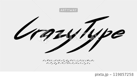 Youthful and wild handdrawn brush script, freestyle script letters, funky brush font for bold expressive logo, creative headline style, edgy streetwear design, youth typography. Vector typeset. 119857258
