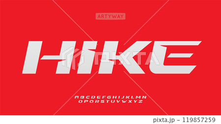 Angular geometric letters, dynamic bold italic letters, speed font for athletic logo, powerful branding, sporty headline, active typography, adventurous and edgy design. Vector typeset. 119857259