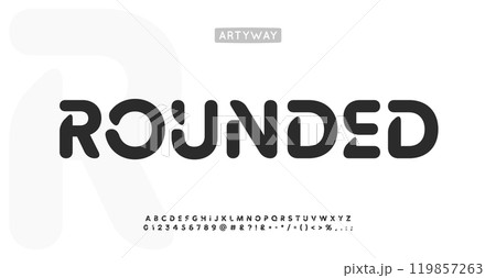 Rounded alphabet, smooth letters with cutouts, friendly font for tech logo, creative headline, contemporary branding, title. Modern soft, approachable typographic design. Vector type. 119857263