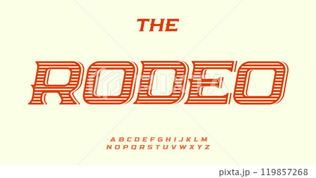 Vintage western alphabet, bold striped letters, rugged antique font for rodeo logos, classic wild west headline, Americana country style typography, rustic cowboy typographic design. Vector typeset. 119857268