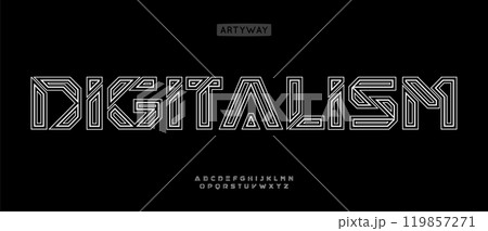 Futuristic runic alphabet, outlined geometric letters, intricate wireframe font for tech branding, abstract headline, digital typography, Viking-inspired design. Vector typeset. Futuristic runic alphabet, outlined geometric letters, intricate wireframe font for tech branding, abstract headline, digital typography, Viking-inspired design. Vector typeset. 119857271