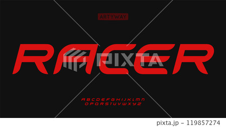 Fast racing alphabet, modern italic letters, turbocharged font for action logo, dynamic headline, competitive typography, motorsport and automotive typographic design. Vector typeset. 119857274