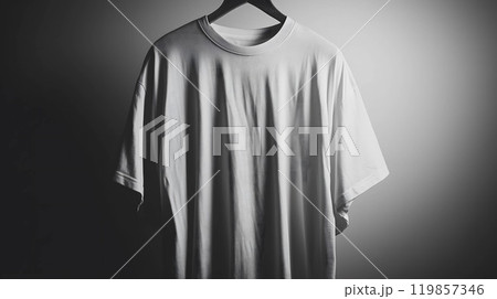 Plain white t-shirt hanging on black hanger on gradient background 119857346