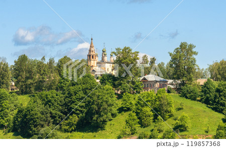 Panorama with a view of the Spaso-Archangel Church of the ancient Russian city of Tutaev, Yaroslavl region, on the banks of the Volga River 119857368