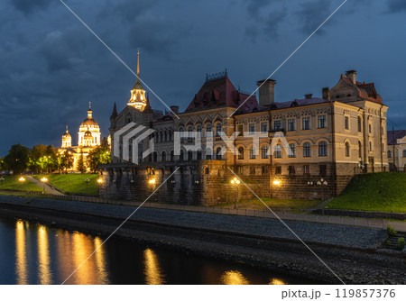 night view of the old stock exchange and Spaso-Preobrazhenskiy kafedralniy sobor of Rybinsk night view of the old stock exchange and Spaso-Preobrazhenskiy kafedralniy sobor of Rybinsk 119857376